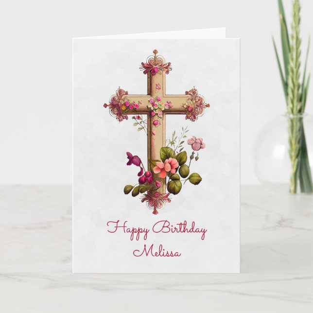 Elegant Wooden Cross with Pink Flowers Birthday Card (Front)