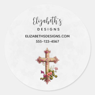 Elegant Wooden Cross with Pink Flowers Business Classic Round Sticker