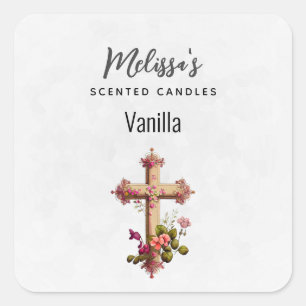 Elegant Wooden Cross with Pink Flowers Candle Biz Square Sticker