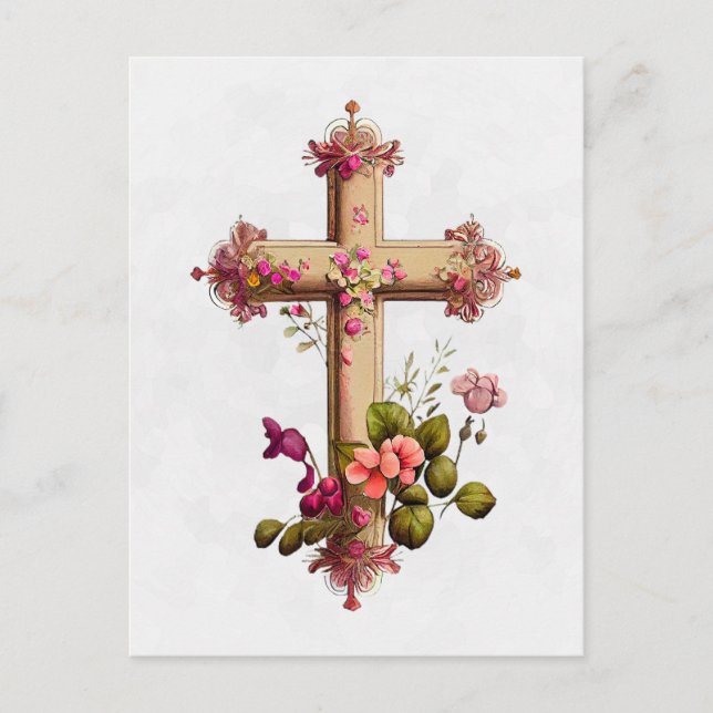 Elegant Wooden Cross with Pink Flowers Holiday Postcard (Front)