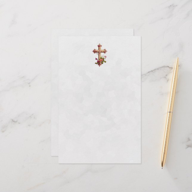 Elegant Wooden Cross with Pink Flowers Stationery (Front/Back In Situ)
