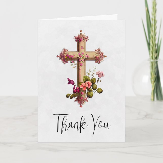  Elegant Wooden Cross with Pink Flowers Thank You Card (Front)