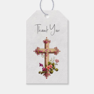 Elegant Wooden Cross with Pink Flowers Thank You Gift Tags