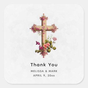  Elegant Wooden Cross with Pink Flowers Thank You Square Sticker