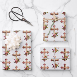 Elegant Wooden Cross with Pink Flowers Wrapping Paper Sheet