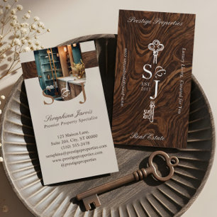 Elegant Woodgrain Key Monogram Stylish Arch Photo Business Card