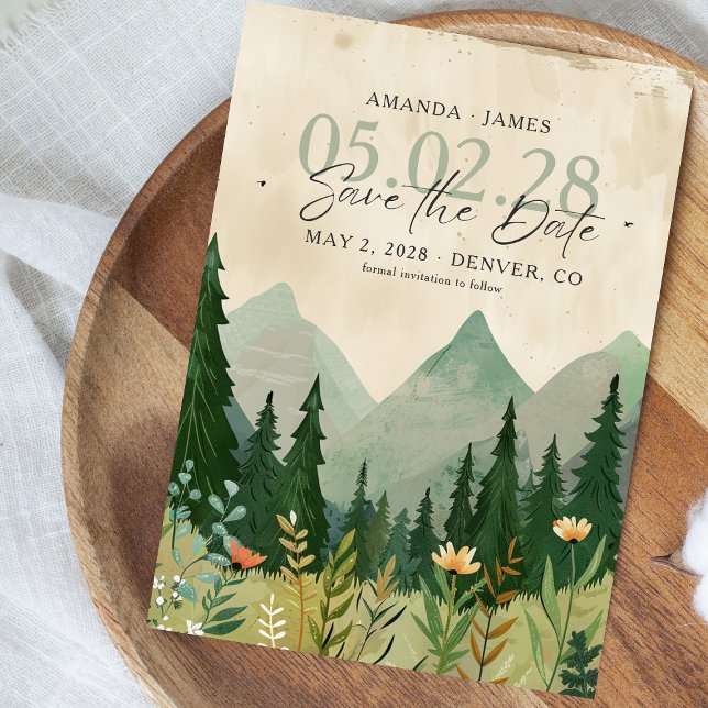 Elegant Woodland and Mountain Save the Date Invitation (Elegant woodland-themed wedding save the date card featuring pine trees and mountains )