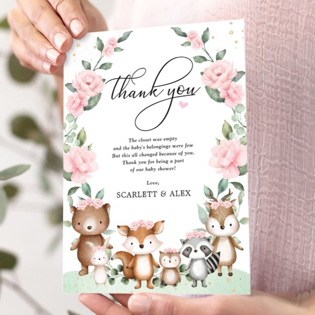 Elegant Woodland Animals Pink Blush Floral Baby Thank You Card (Creator Uploaded)