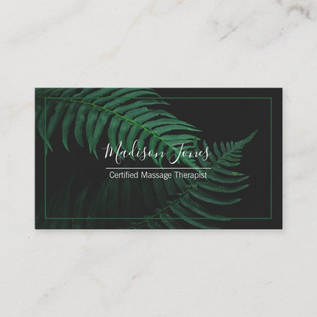 Elegant Woodland Botanical Green Fern Leaf, Black Business Card (Front)
