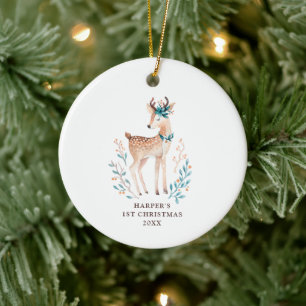 Elegant Woodland Deer Baby First Christmas Custom Ceramic Tree Decoration
