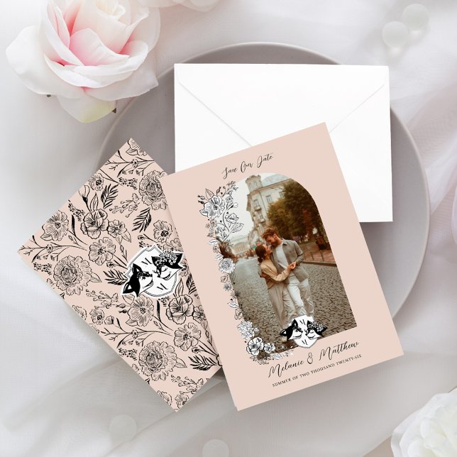 Elegant Woodland Fox Floral Sketch Fairytale Photo Save The Date (Elegant Woodland Fox Floral Sketch Fairytale Save The Date)