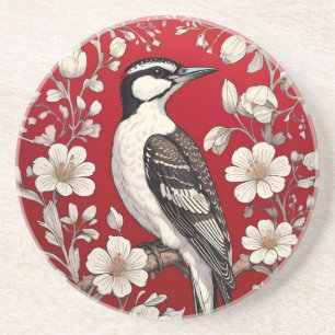 Elegant Woodpecker Floral William Morris Inspired Coaster