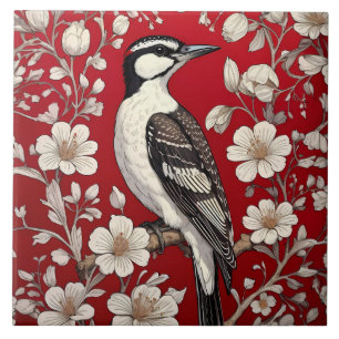 Elegant Woodpecker Floral William Morris Inspired Tile