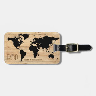Elegant World Traveller Map Wood Monogrammed Name Luggage Tag