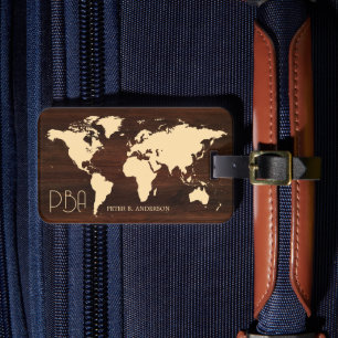 Elegant World Traveller Map Wood Monogrammed Name Luggage Tag
