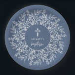 Elegant Wreath and Cross Blue Boy Baptism Paper Plate<br><div class="desc">Stylish blue boy first communion napkins feature your son's name and the words first communion in chic lettering under a white cross surrounded by a delicate wreath of white leaves. MATCHING items available in our collection.</div>