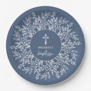 Elegant Wreath and Cross Blue Boy Baptism Paper Plate