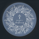Elegant Wreath and Cross Blue Boy Christening Paper Plate<br><div class="desc">Stylish blue boy christening paper plates feature a white cross surrounded by a wreath of white leaves and your details in chic lettering. MATCHING items available in our collection.</div>