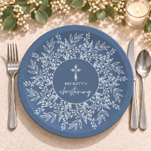 Elegant Wreath and Cross Blue Boy Christening Paper Plate