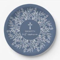 Elegant Wreath and Cross Blue Boy First Communion