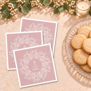 Elegant Wreath and Cross Pink Girl Baptism Napkin