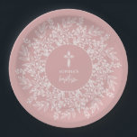 Elegant Wreath and Cross Pink Girl Baptism Paper Plate<br><div class="desc">Stylish pink girl baptism paper plates feature a white cross surrounded by a wreath of white leaves and your details in chic lettering. MATCHING items available in our collection.</div>