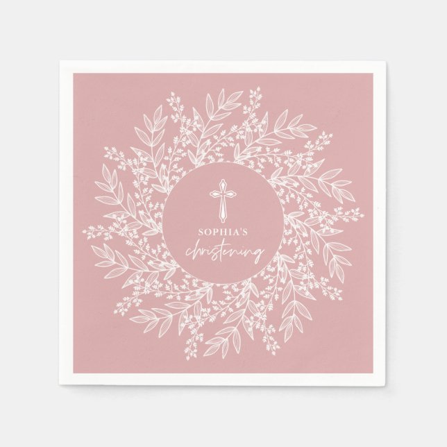 Elegant Wreath and Cross Pink Girl Christening Napkin (Front)