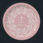 Elegant Wreath and Cross Pink Girl Christening Paper Plate<br><div class="desc">Stylish pink girl christening paper plates feature a white cross surrounded by a wreath of white leaves and your details in chic lettering. MATCHING items available in our collection.</div>