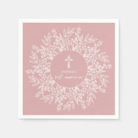 Elegant Wreath and Cross Pink Girl First Communion