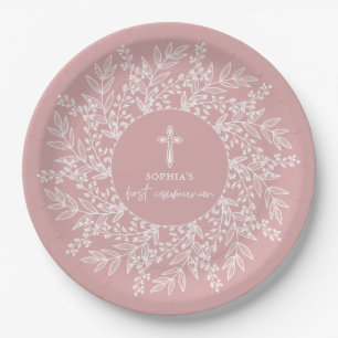 Elegant Wreath and Cross Pink Girl First Communion Paper Plate