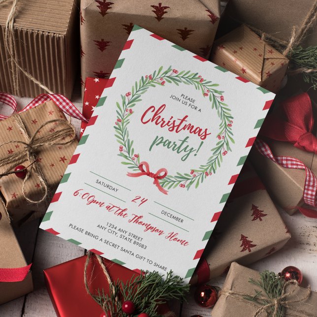 Elegant Wreath and Festive Border Christmas Party Invitation (A festive Christmas party invitation featuring a holiday wreath with red berries, a decorative bow, )