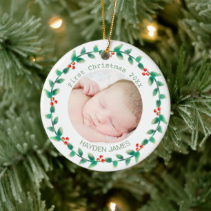 Elegant Wreath Baby's First Christmas Custom Photo Ceramic Tree Decoration