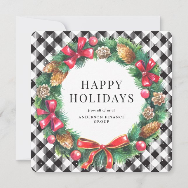 Elegant Wreath Black White Corporate Business Holiday Card (Front)