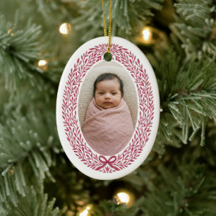 Elegant Wreath Bow Baby's 1st Christmas Photo Ceramic Tree Decoration