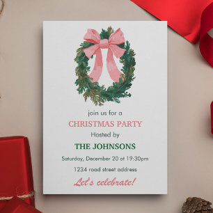 Elegant Wreath & Bow Christmas Party Invitation 