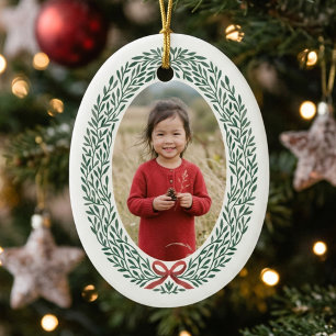 Elegant Wreath Bow Christmas Photo Holiday Ceramic Tree Decoration