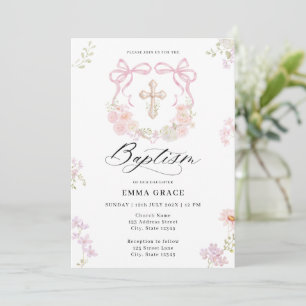 Elegant Wreath Bow Cross Baptism Invitation