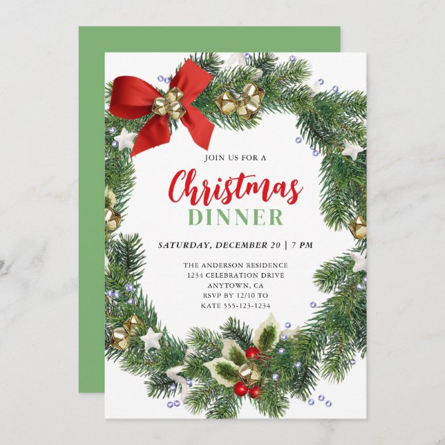 Elegant Wreath Christmas Dinner Party Invitation (Front/Back)