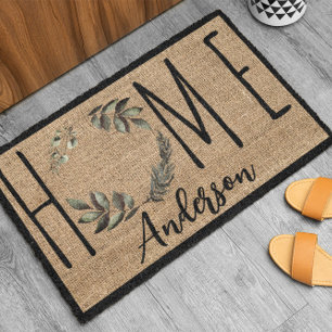 Elegant Wreath Faux Burlap Family Name Doormat