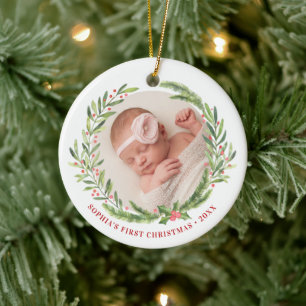 Elegant Wreath First Christmas Photo White Ceramic Tree Decoration