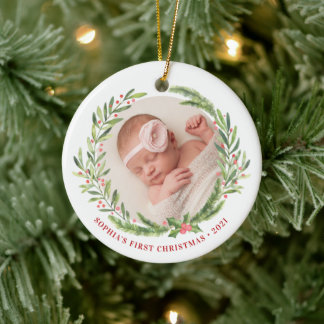 Elegant Wreath First Christmas Photo White Ceramic Tree Decoration