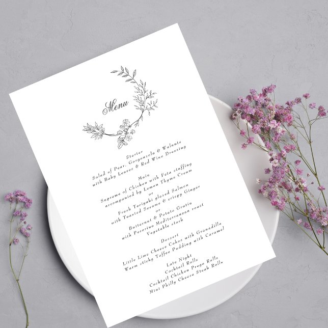 Elegant Wreath Floral Monogram Minimal Wedding Menu (Creator Uploaded)