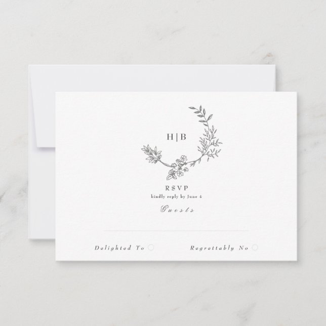 Elegant Wreath Florals | Double Monogram Wedding RSVP Card (Front)