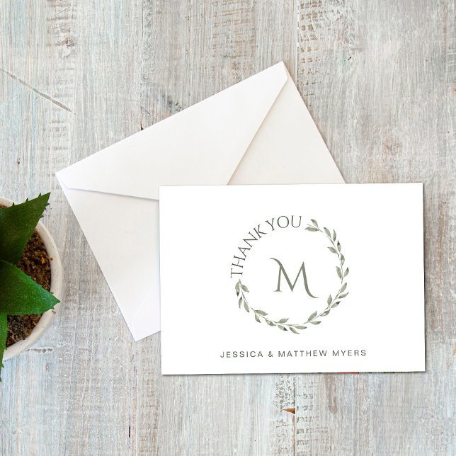 Elegant Wreath Green w Monogram and Names Thank You Card (Creator Uploaded)
