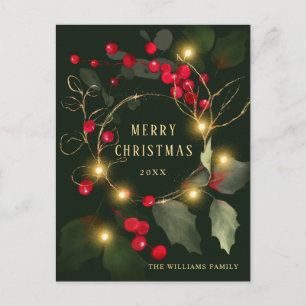 Elegant Wreath Holly Berry Pine Forest Christmas Postcard