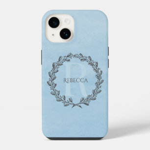 Elegant Wreath Monogram   Blue iPhone 14 Case