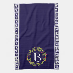 Elegant Wreath Monogram Greek key Pattern Tea Towel