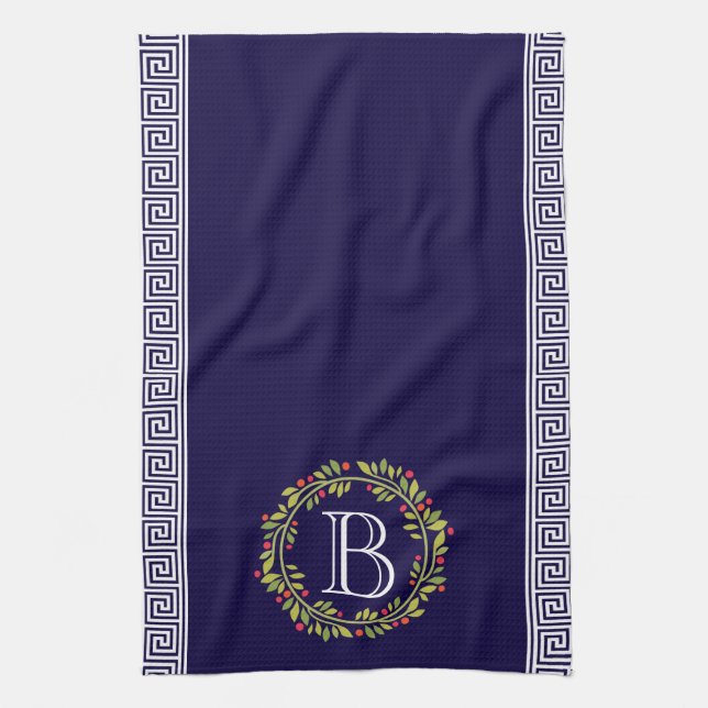 Elegant Wreath Monogram Greek key Pattern Tea Towel (Vertical)
