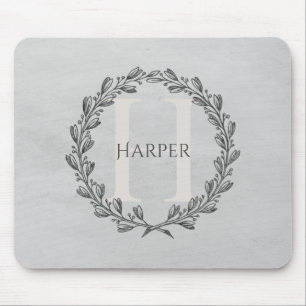 Elegant Wreath Monogram Grey Mouse Pad