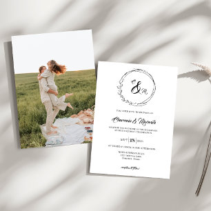 Elegant Wreath Monogram Photo Wedding Invitation